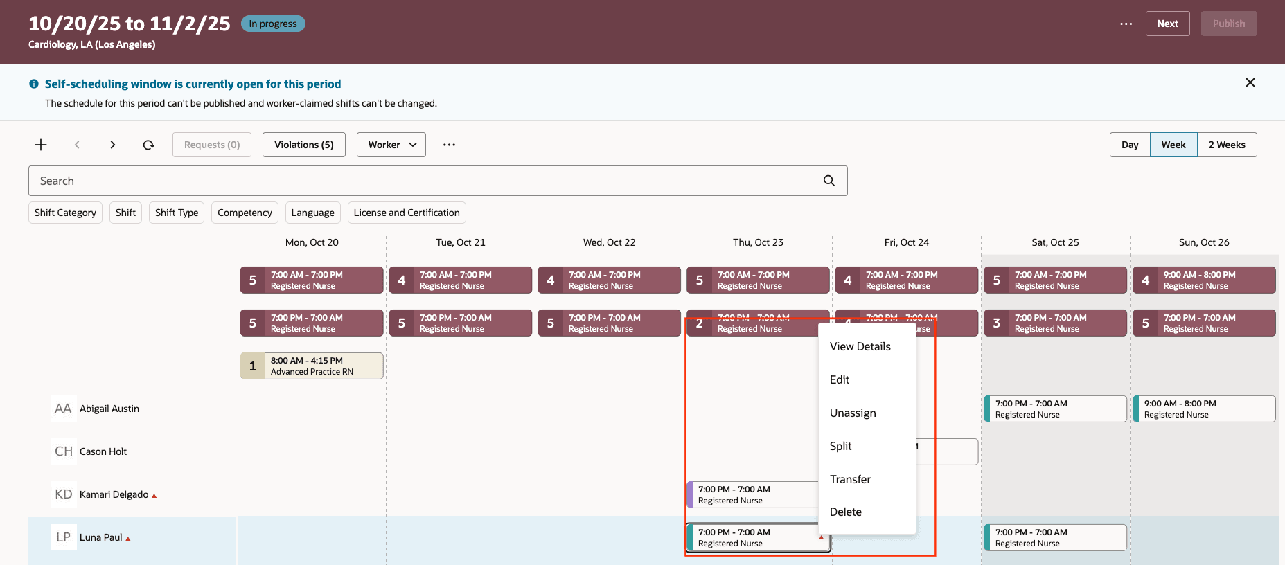 Editing of a Shift with Violation in Self-Scheduling Phase