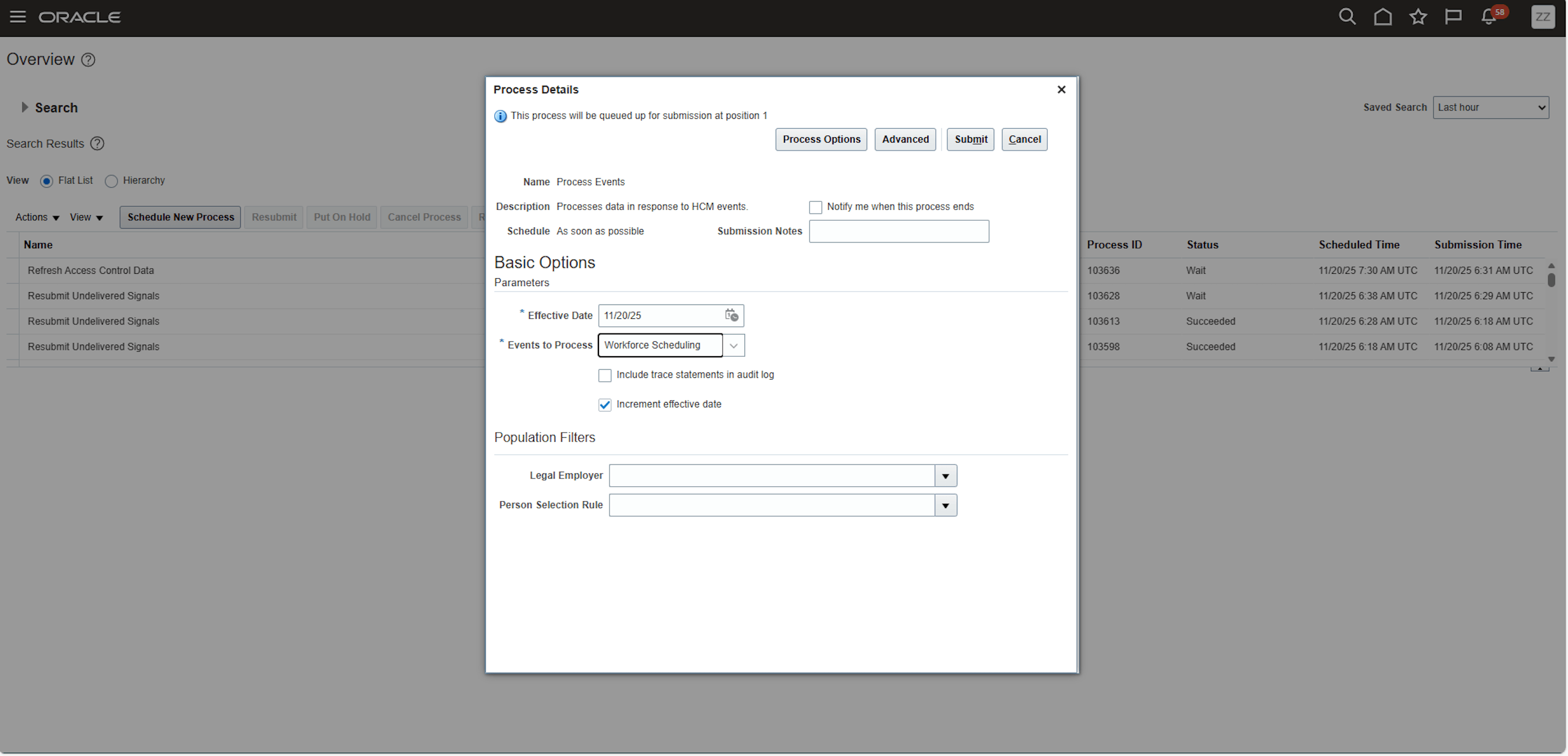 Scheduled Process Dialog Box for Process Events with Effective Date Set and Workforce Scheduling Selected for Events to Process