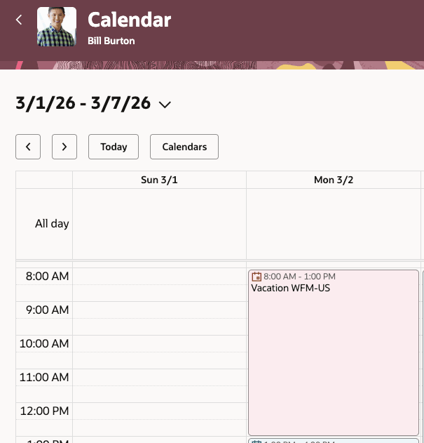 Absence displayed as a time blocked event on the calendar