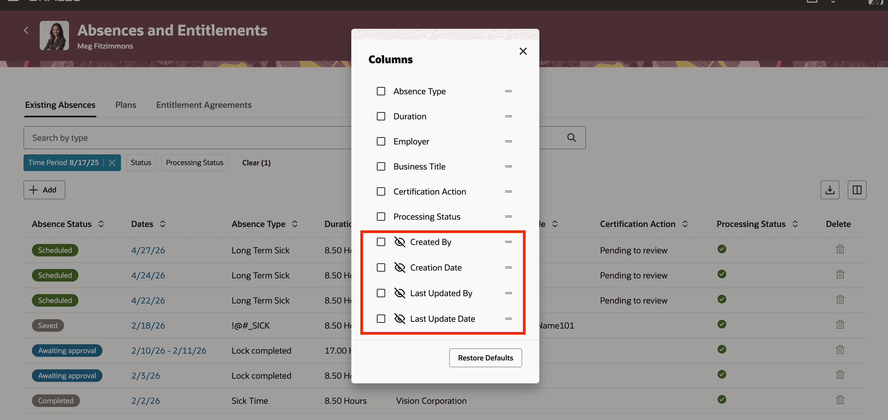 Screenshot of the Absences and Entitlements page