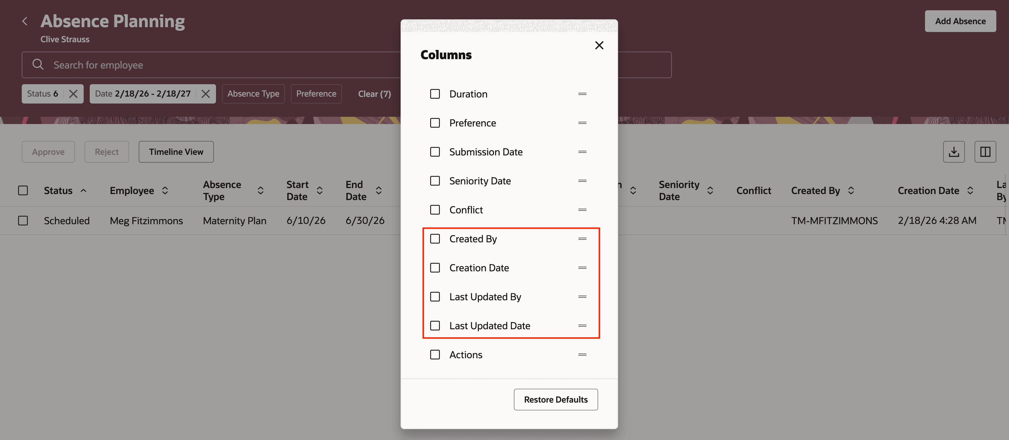 Absence planning page