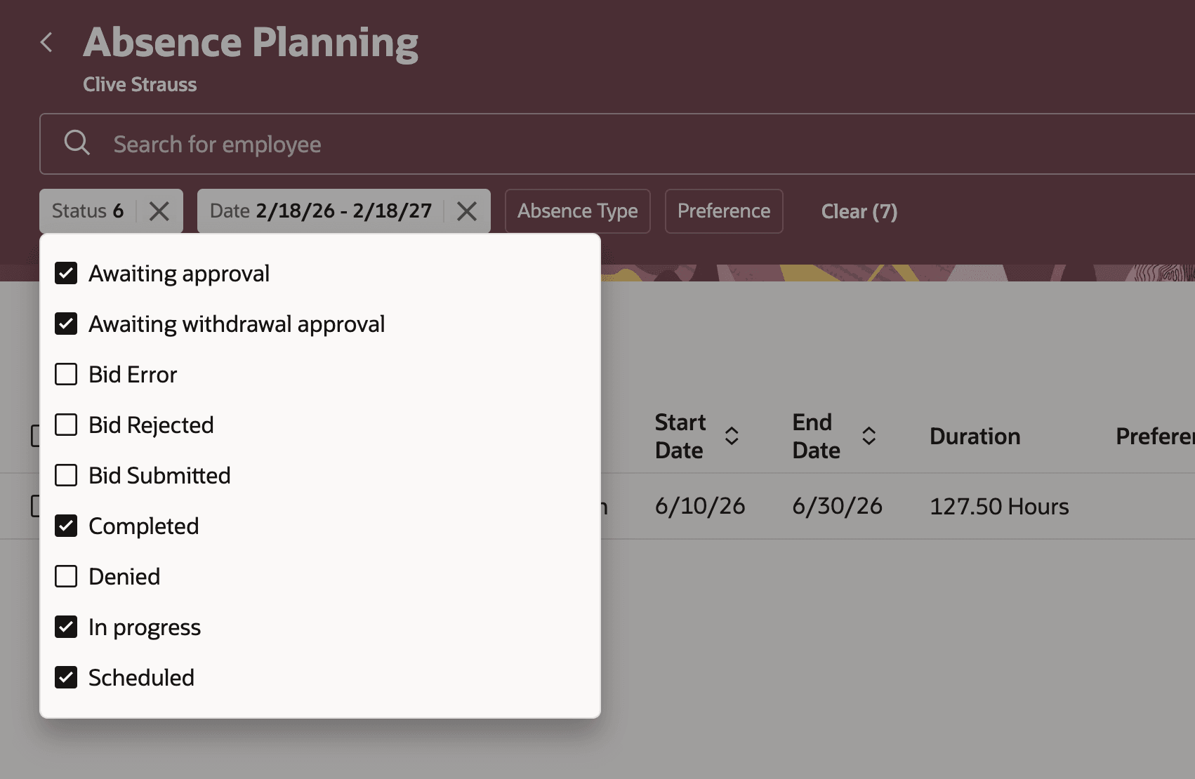Completed absence filter in the  Absence Planning page