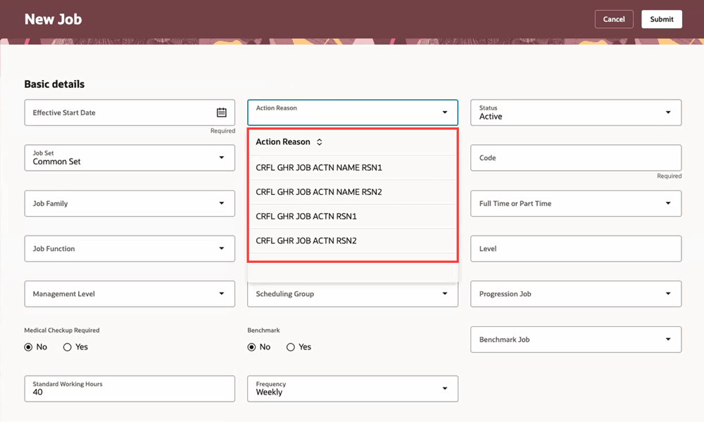 Only Action Reason column displayed in the LOV on the New Job page
