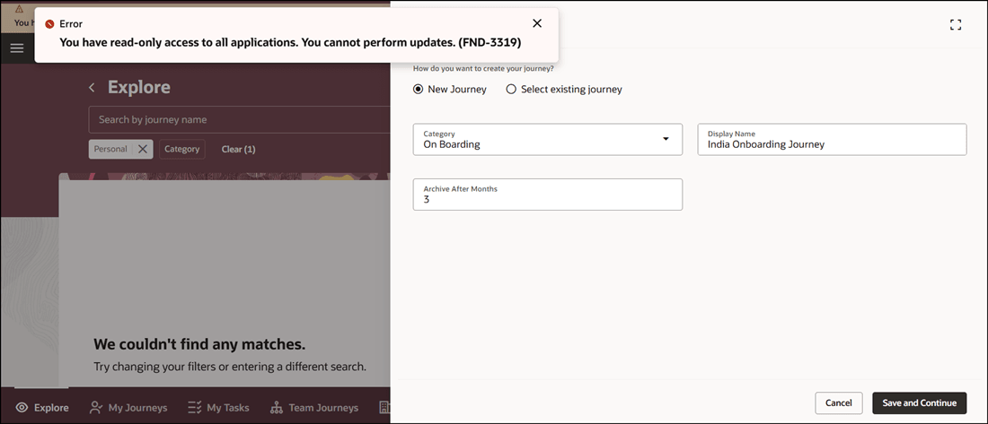 Message Displayed When User Tries to Create and Save Journey from Explore Tab
