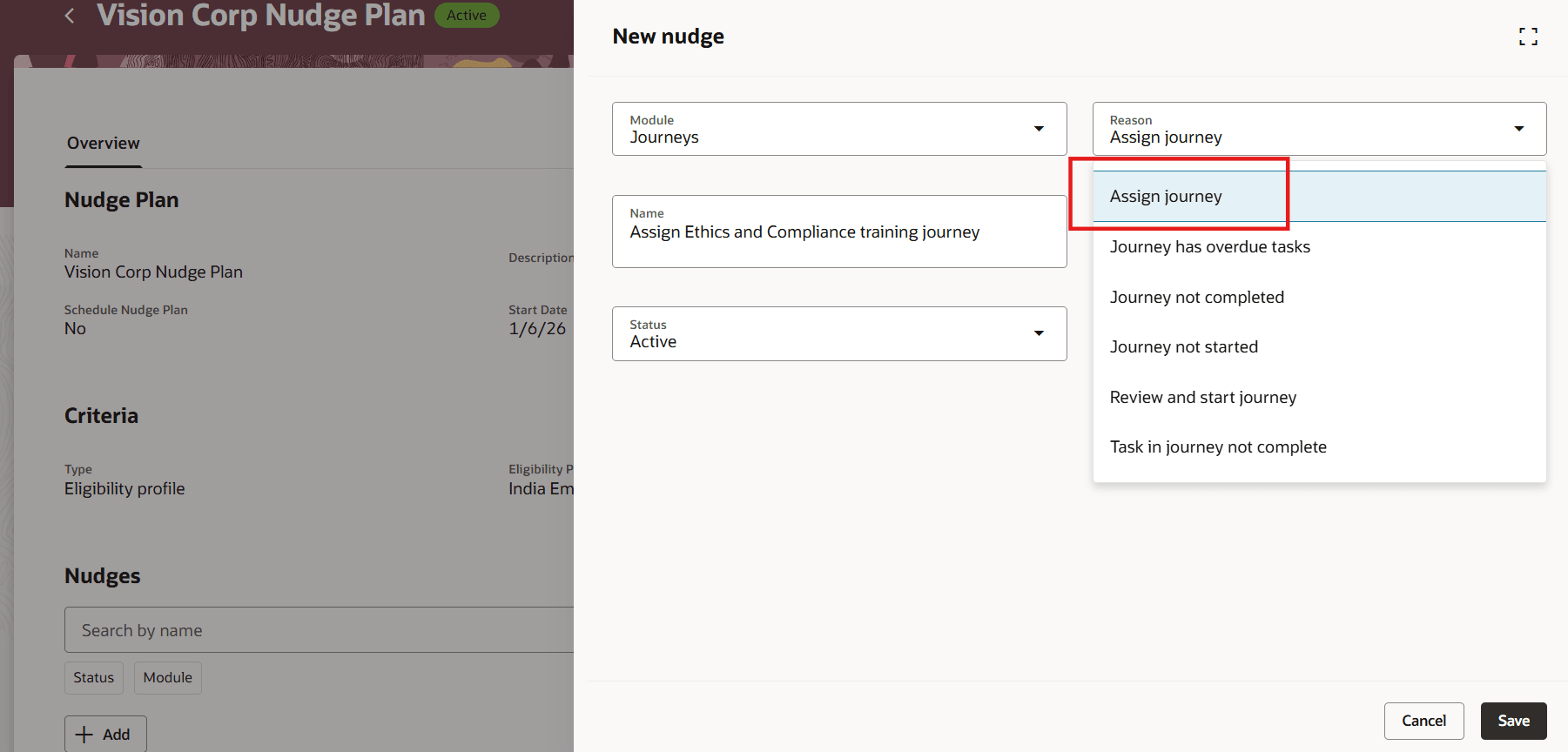 Nudge Reason to Assign Journey