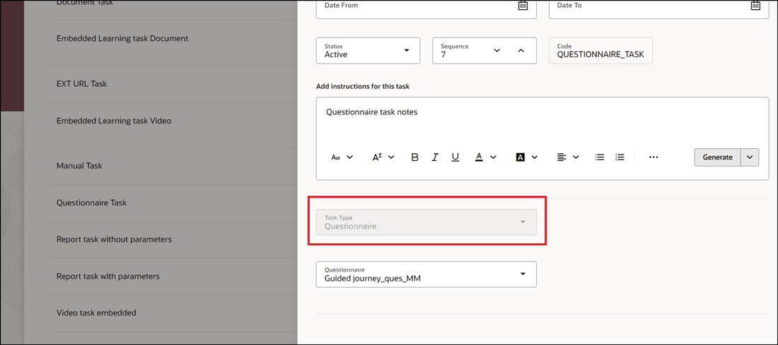 Existing Questionnaire Task Disabled
