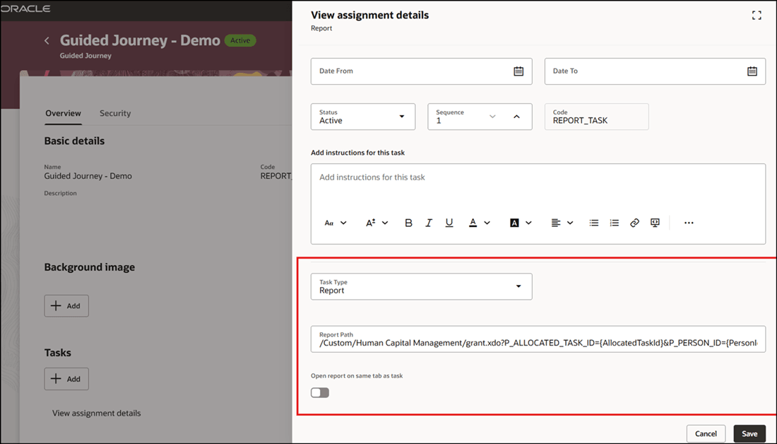 Configure Report Task to Open Report in New Tab in Guided Journey