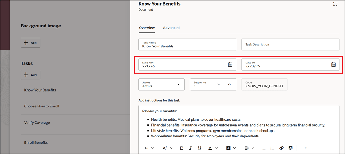 Select Start and End Dates When You Configure Guided Journey Task