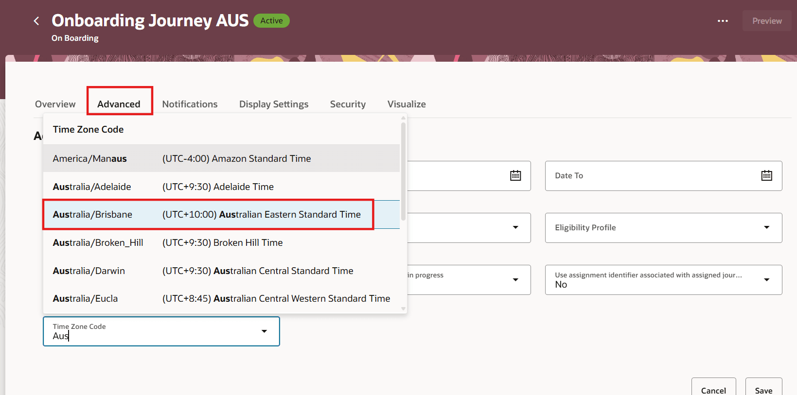 Select Time Zone Code During Journey Template Configuration