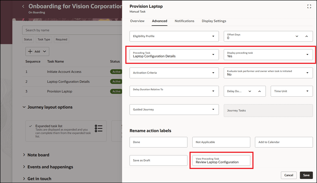 Configuration to Display the Preceding Task in Journey