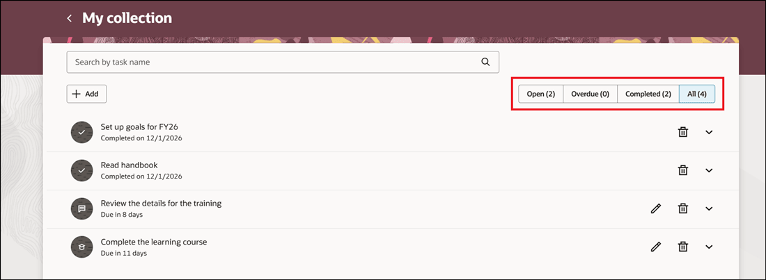 List of Tasks Added with Statuses