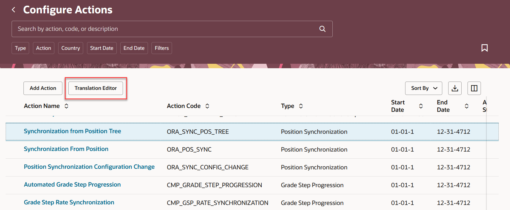Configure Actions page