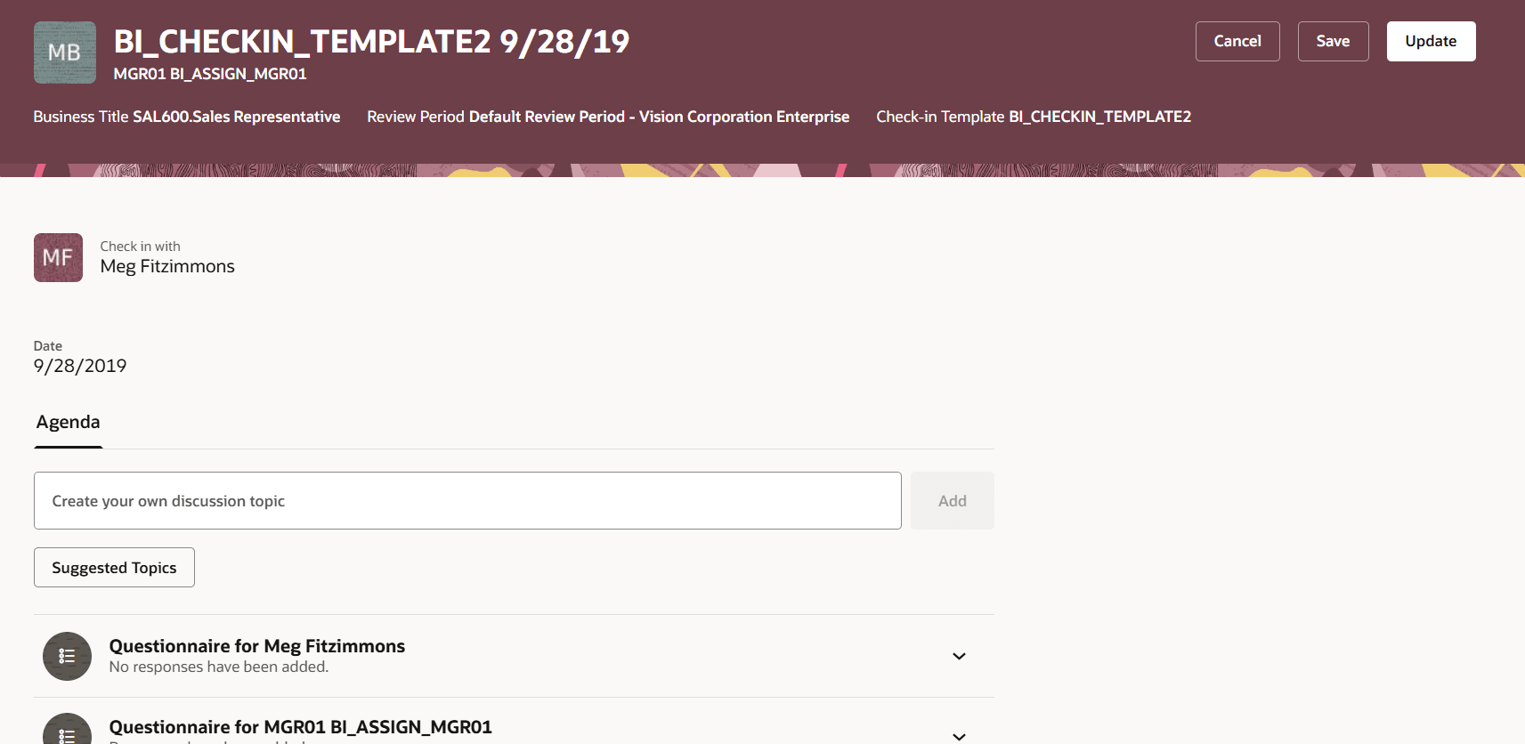 Update checkin page is displayed
