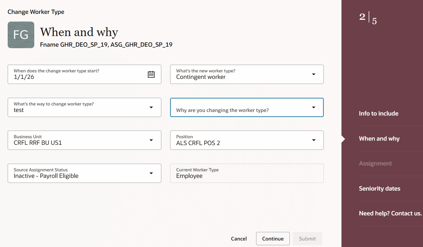 Change worker type from employee to contingent worker