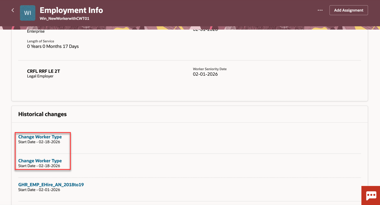 Historical changes for Change Worker Type