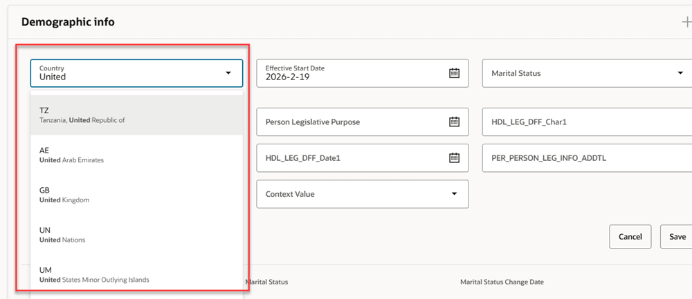 Countries LOV displaying code and country fields in Demographic info region of Personal Details page