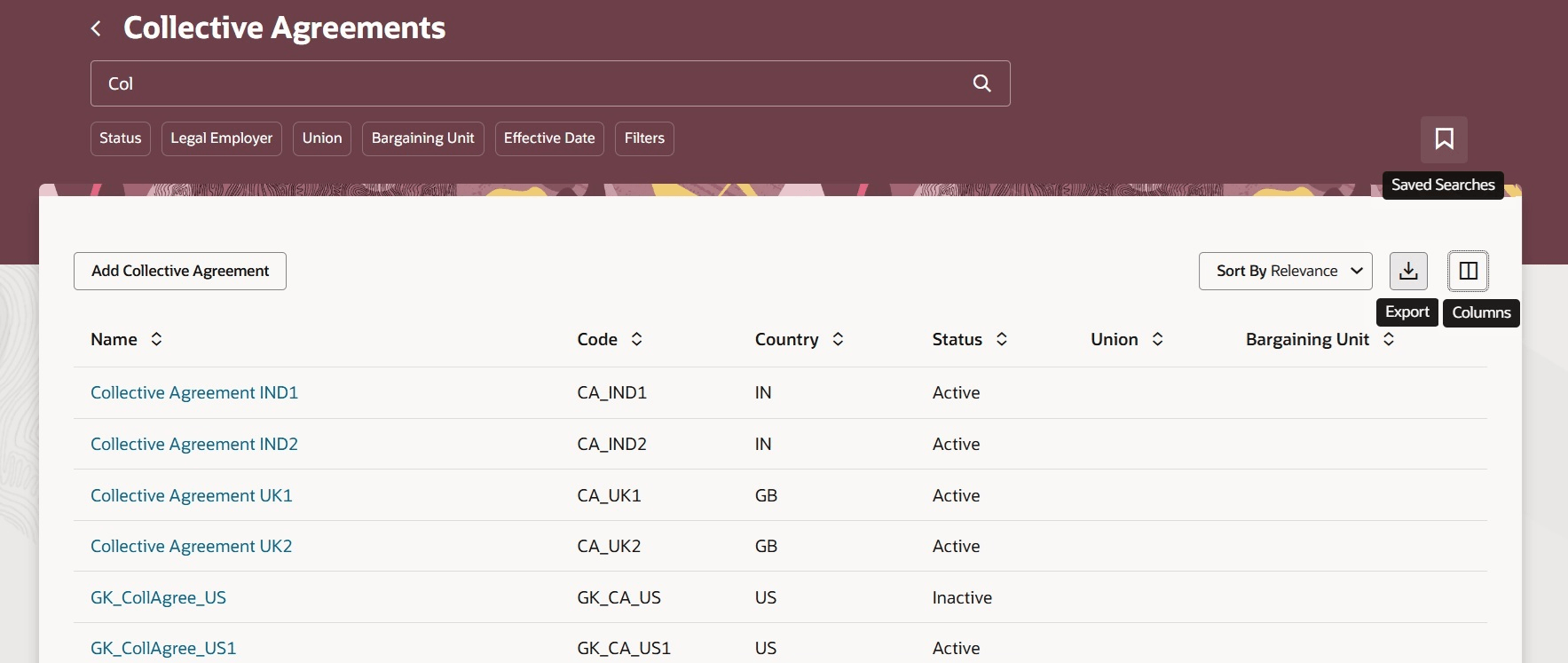  New options on the Collective Agreements page