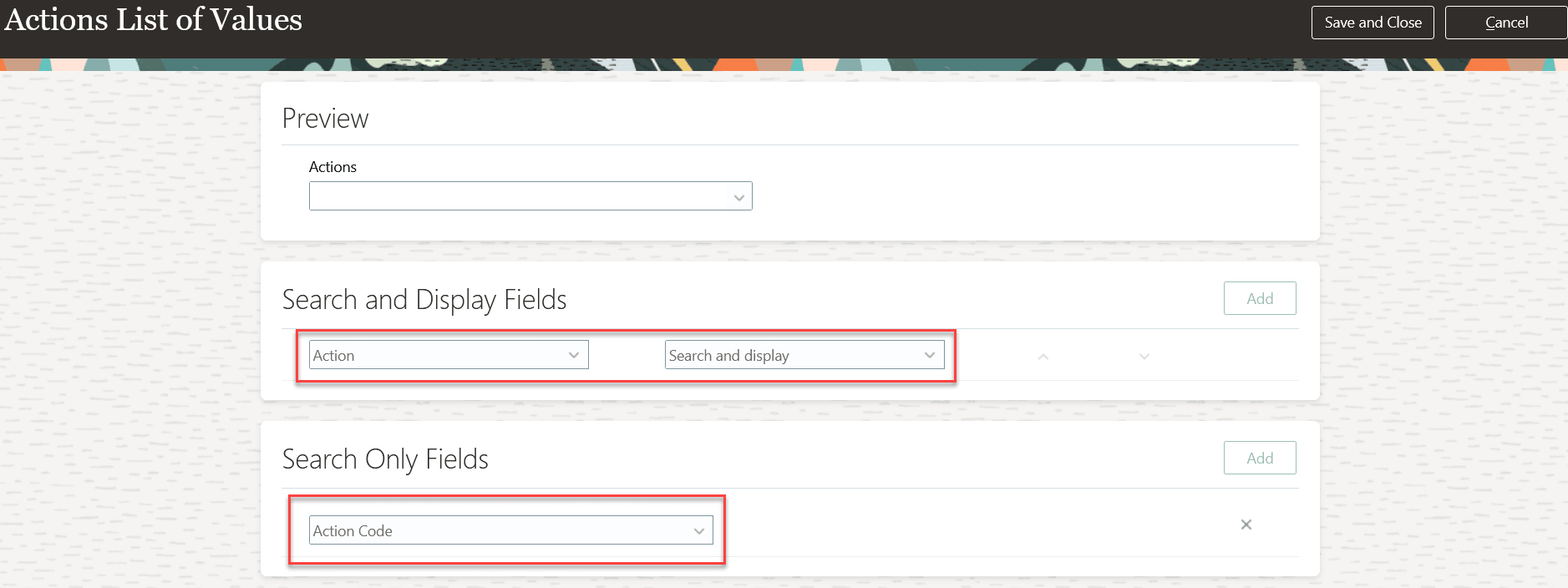 Action Code field is added to search only fields