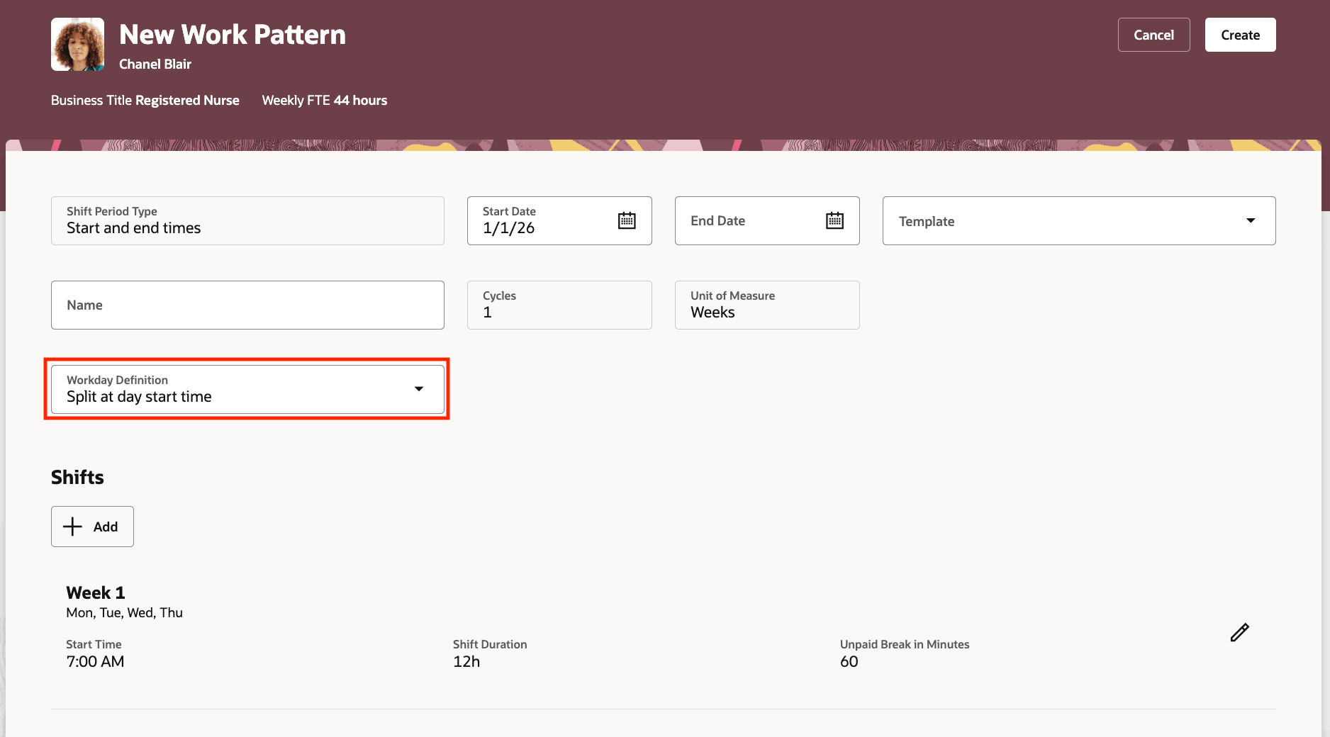 Select on Workday Definition on Work Pattern Templates and Work Patterns