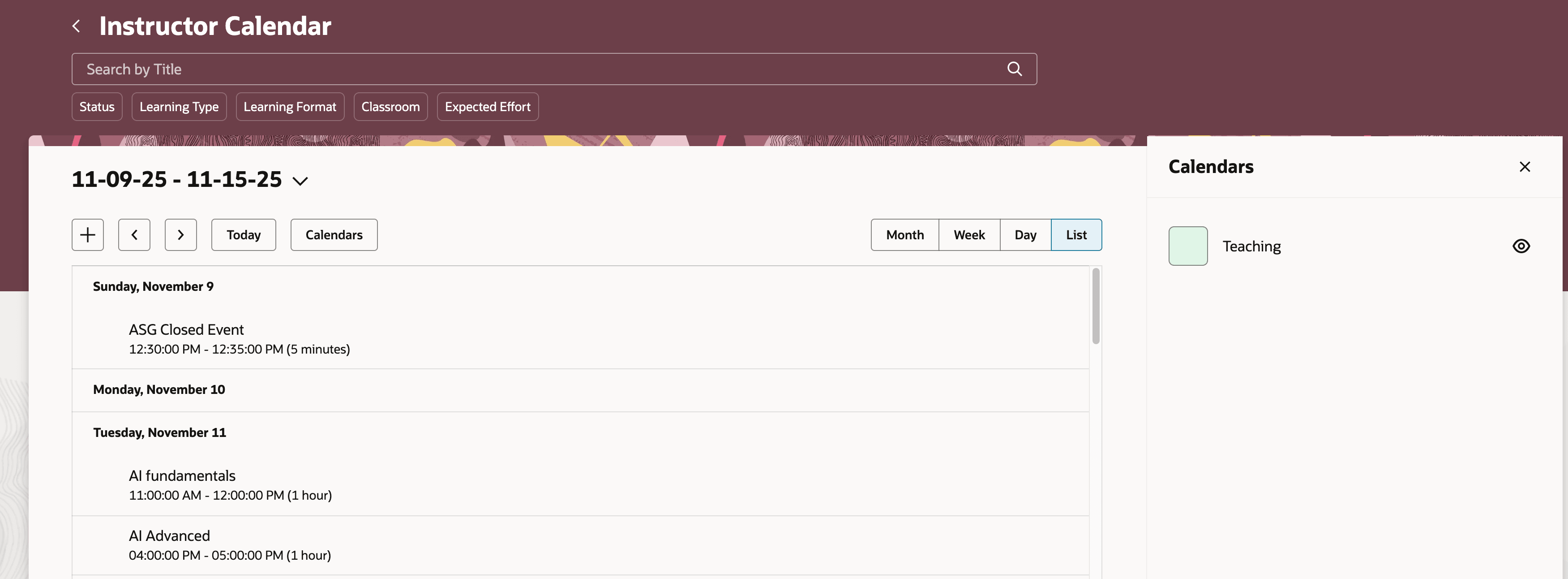 Instructor Calendar in the Default, List View