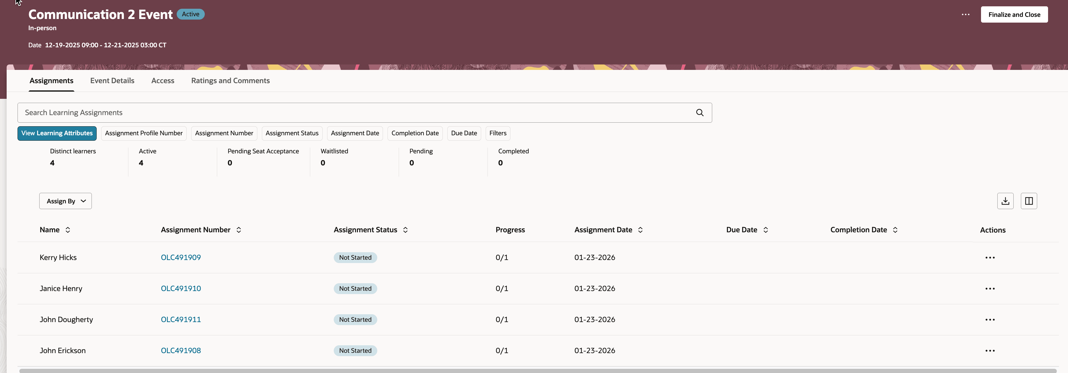 Learning Event Page Showing Attributes for the Assigned Learners