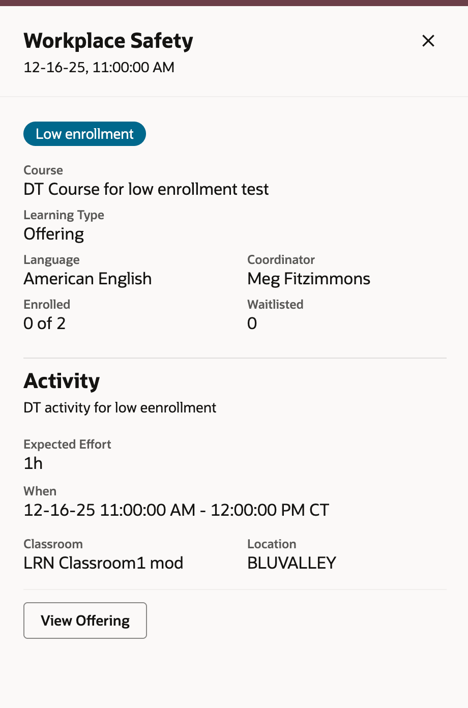 Event Details Drawer Showing Low Enrollment