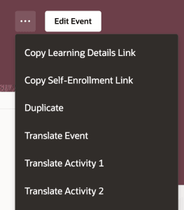 Page-Level More Actions Menu Showing the Translate Event and Translate Activity Options