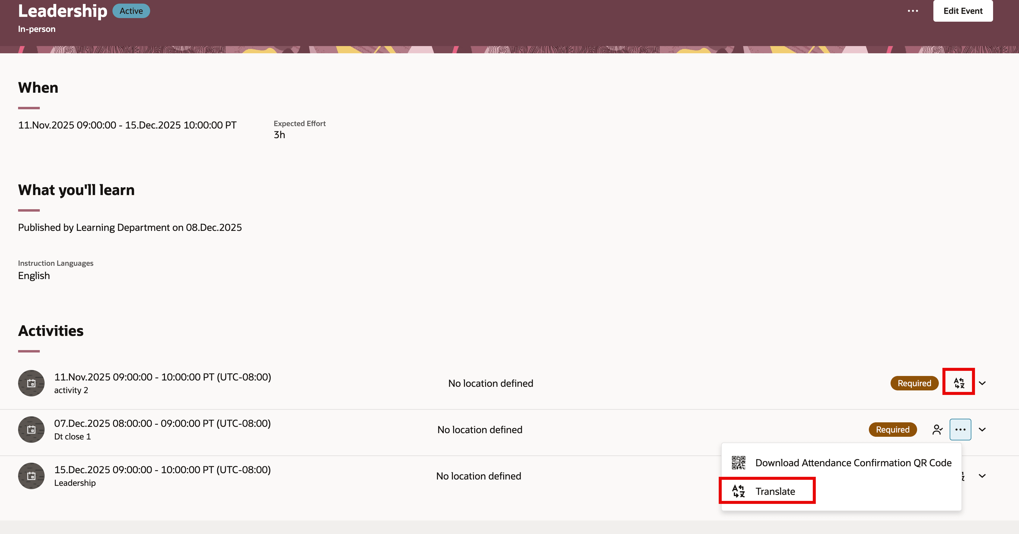 Event Page Showing the Activity Row-Level Translate Action
