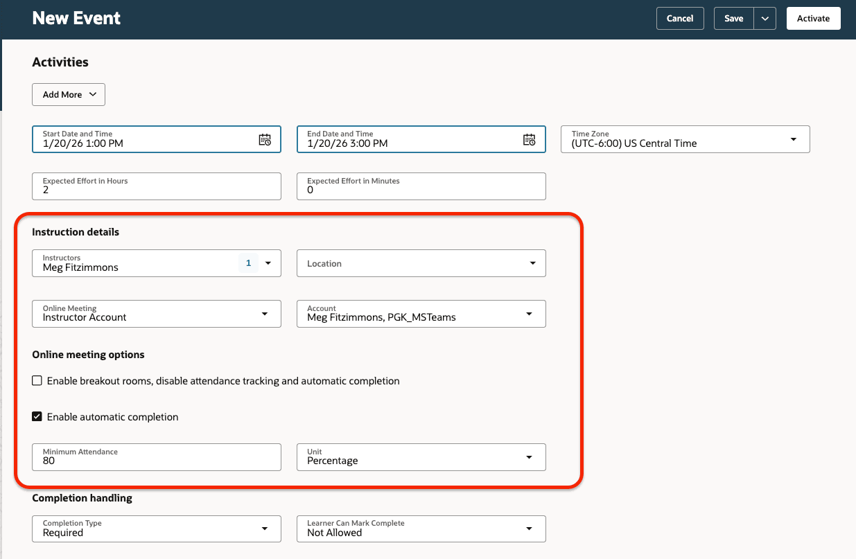 New Event Page with an Activity That Uses an Integrated Instructor Account and Has Online Meeting Options