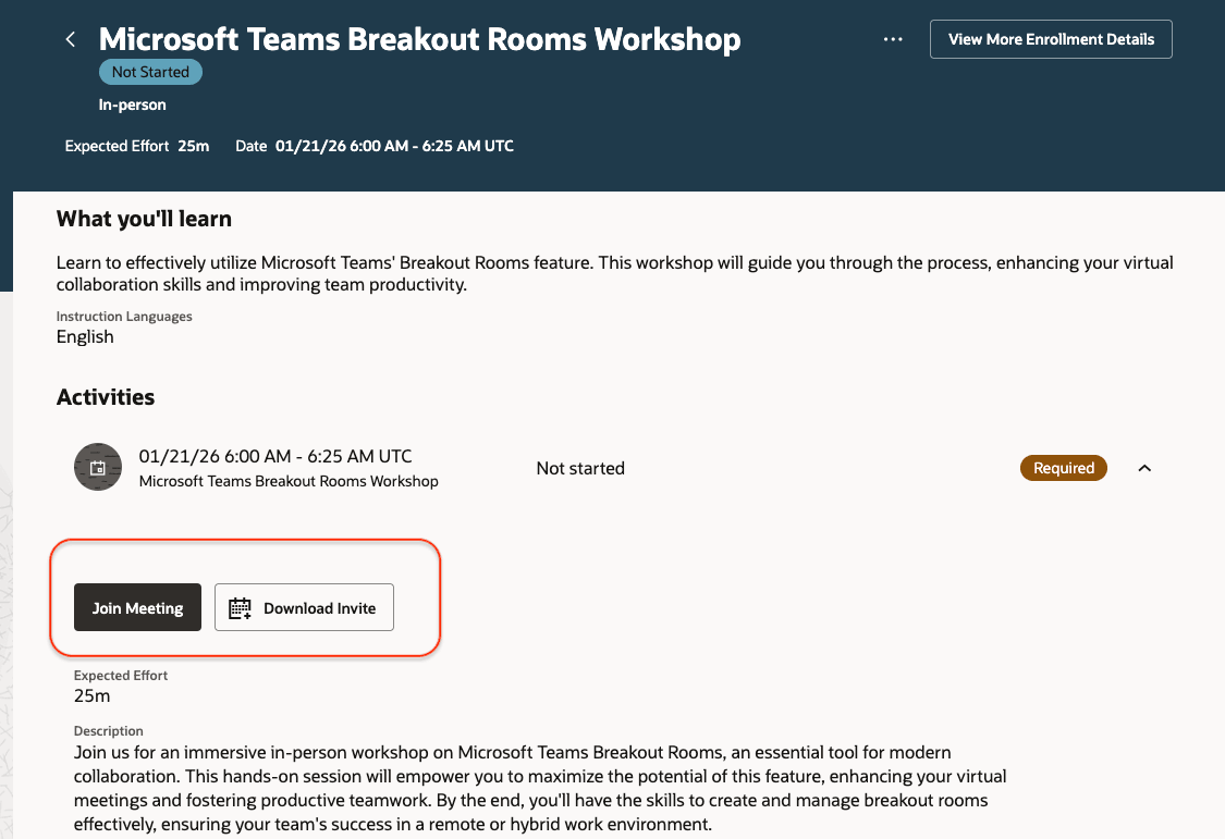 Event Enrollment Details Page Showing the Join Meeting and Download Invite Buttons