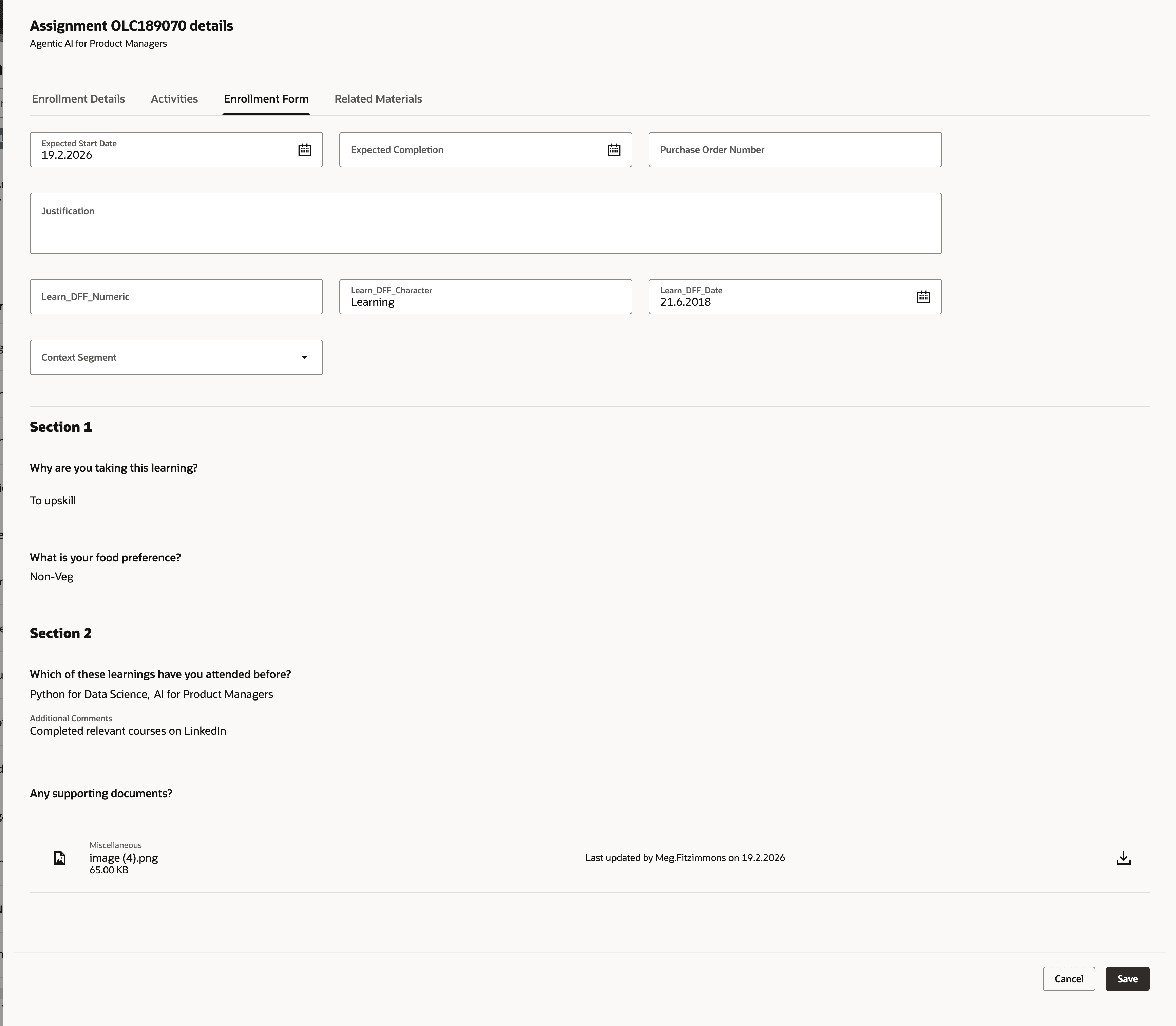 Learner Responses on the Enrollment Form Tab