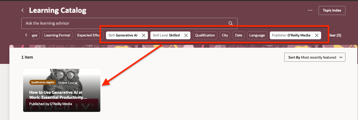 Learning Catalog Showing Skill, Skill Level, and Publisher Filters