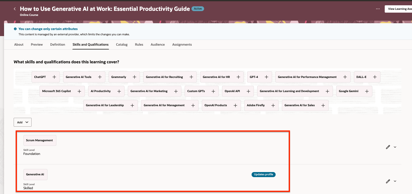 Skills and Qualifications Tab Showing Profiled Provider Skills for Self-Paced Learning