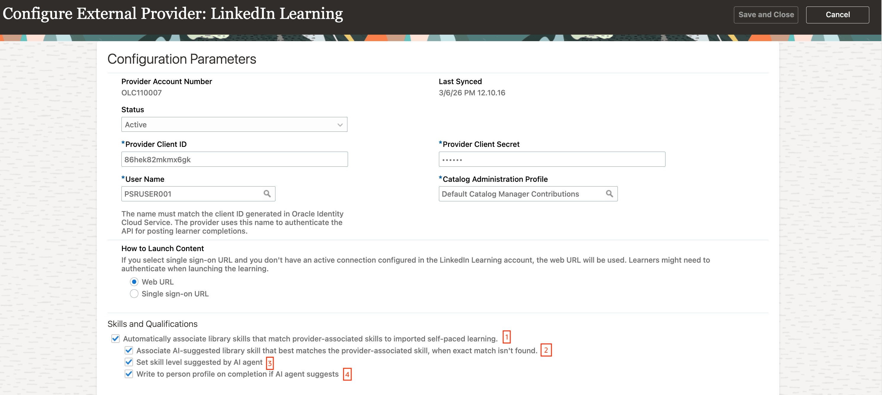 Configure External Provider Page Showing the New Skills and Qualifications Settings