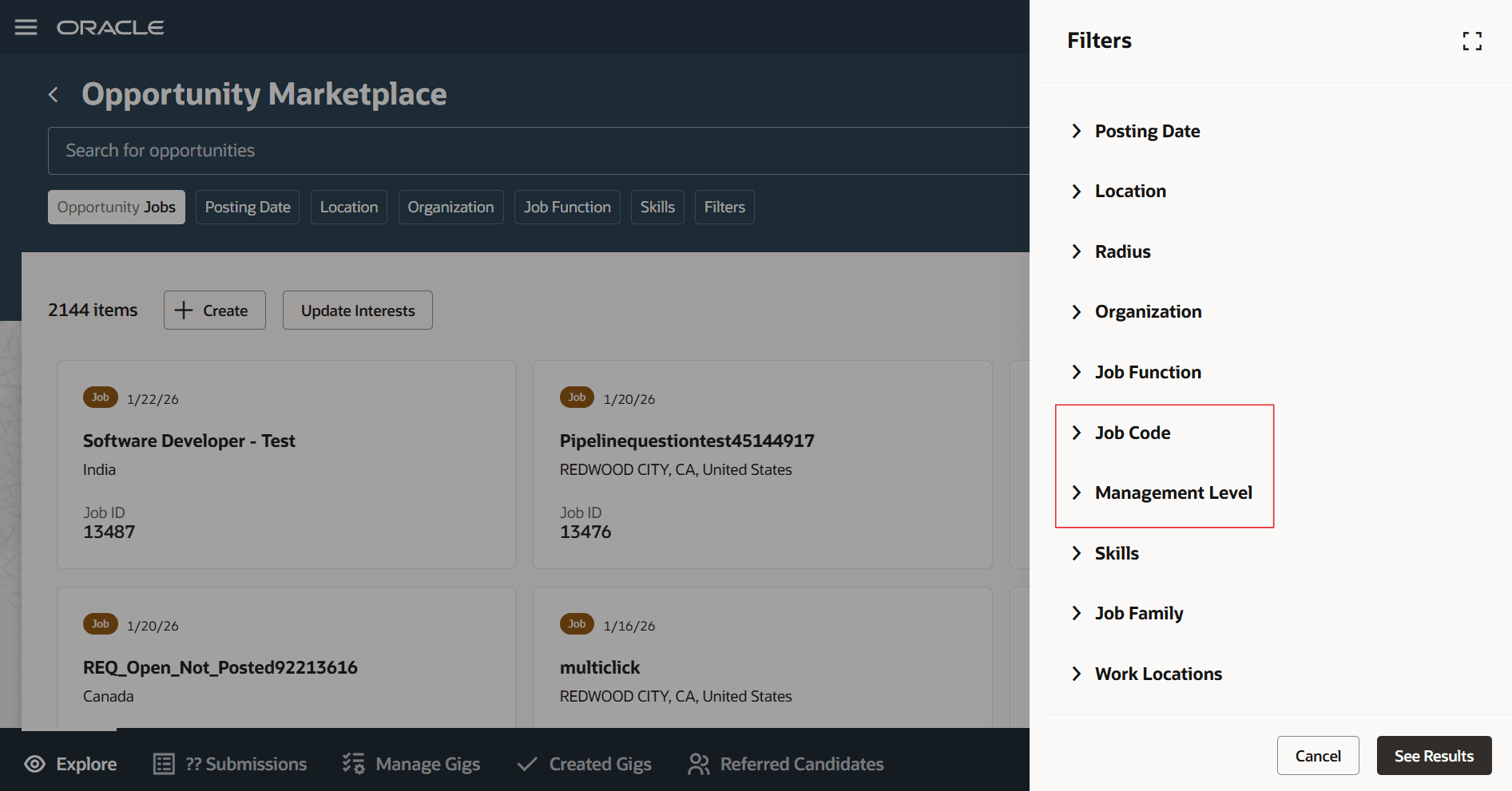 New Job Code and Management Level Filters