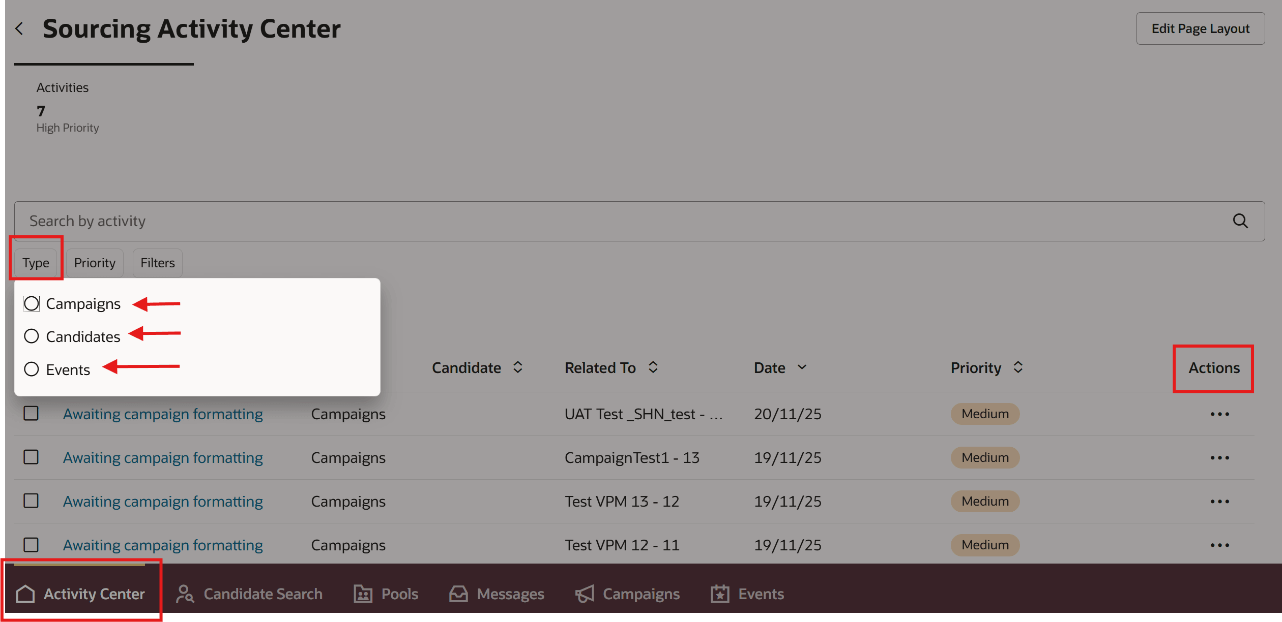 Type Filter and Actions in Sourcing Activity Center