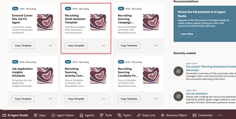 Recruiting Email Assistant Template on the AI Agent Studio Tab