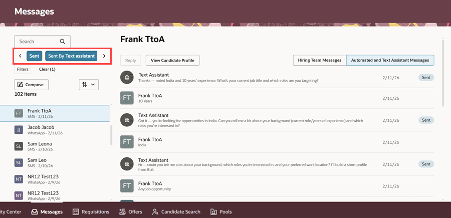 Text Assistant Filter in Message Center