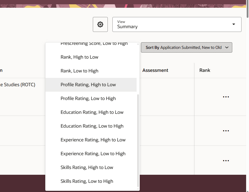 New Job Application Sort Options