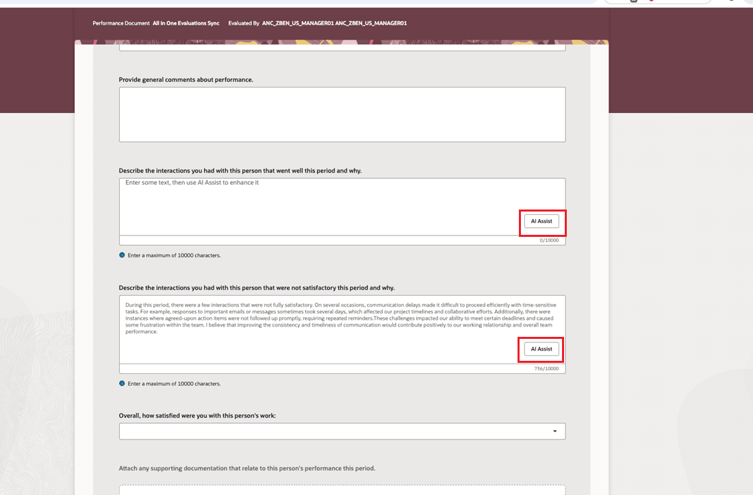 This image highlights the AI assist button in a questionnaire for managers.