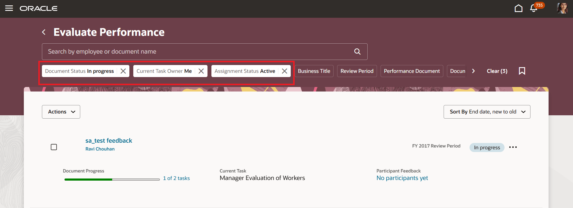 This screenshot illustrates the Evaluate Performance page with the three filters highlighted.