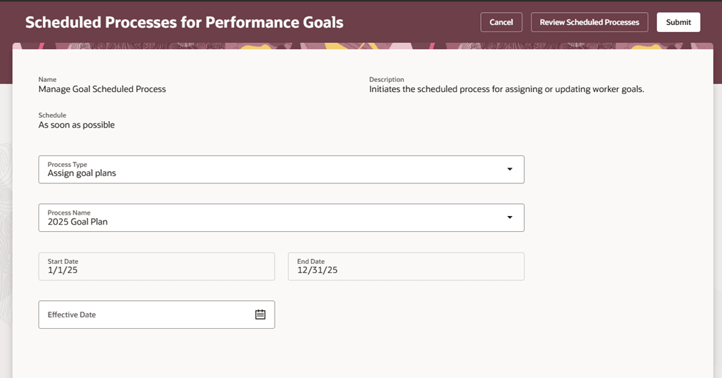 Redwood Redesigned Scheduled Processes for Performance Goals Page
