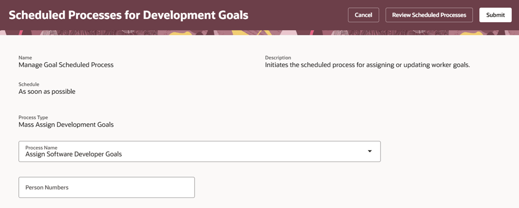 Redwood Redesigned Scheduled Processes for Development Goals Page