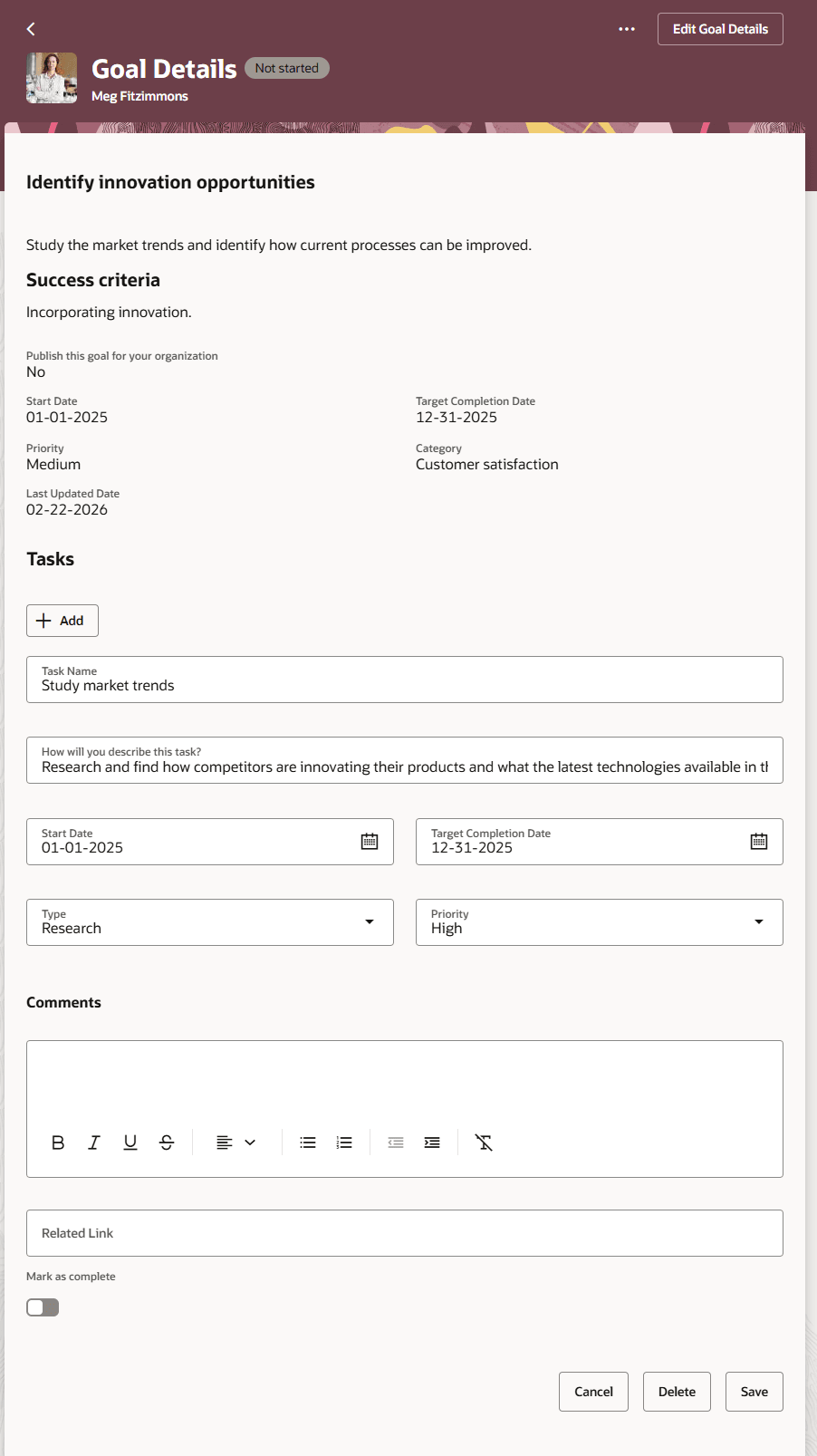 Tasks section in a performance goal.