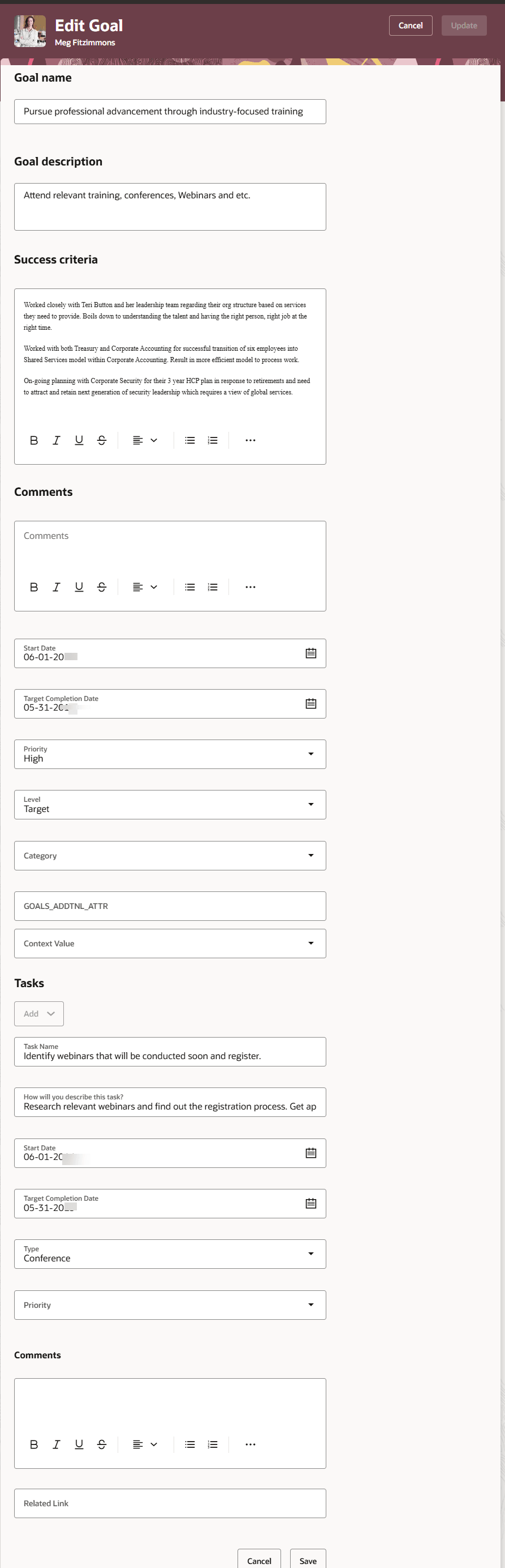 Tasks section in a development goal