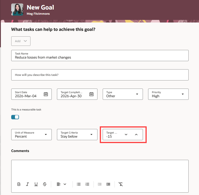 New Goal page showing a negative value in the Target Value task measurement field