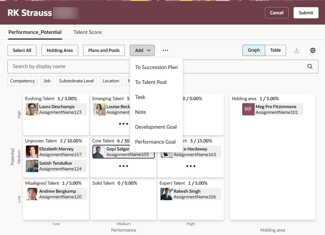 Add menu actions in Graph view of a talent review meeting dashboard