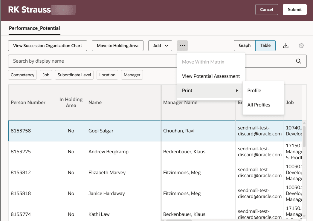 Overflow menu actions in Table view of a talent review meeting dashboard