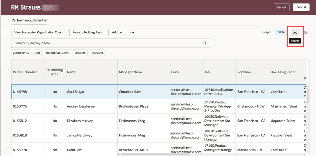 Export Icon in the Table view of a talent review meeting dashboard