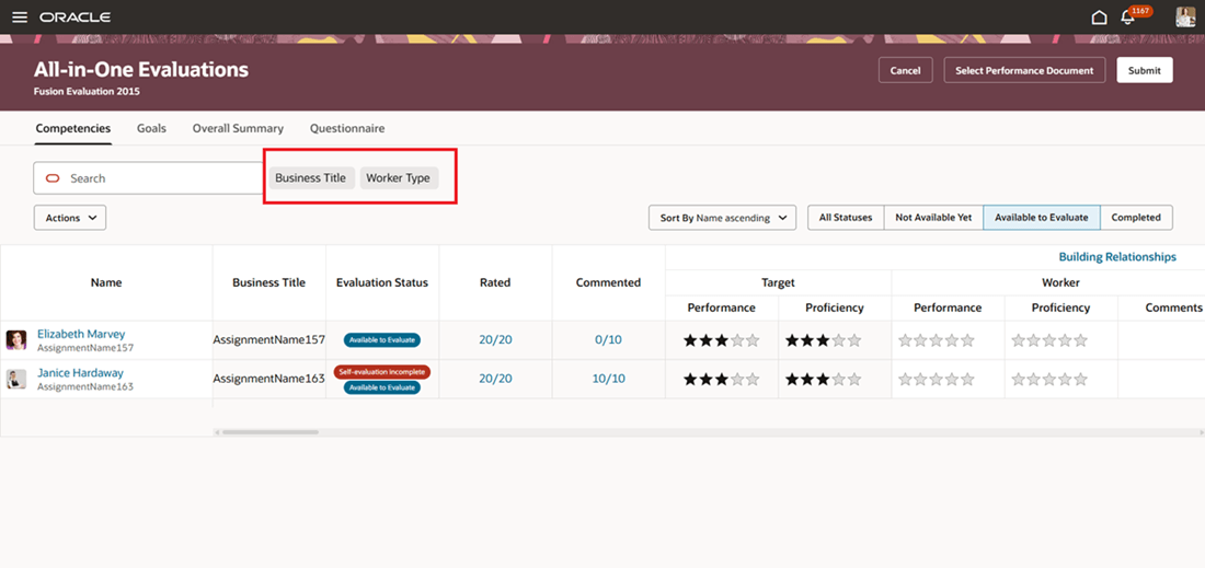 Screenshot of the All-in-One Evaluations page with the additional filters highlighted.